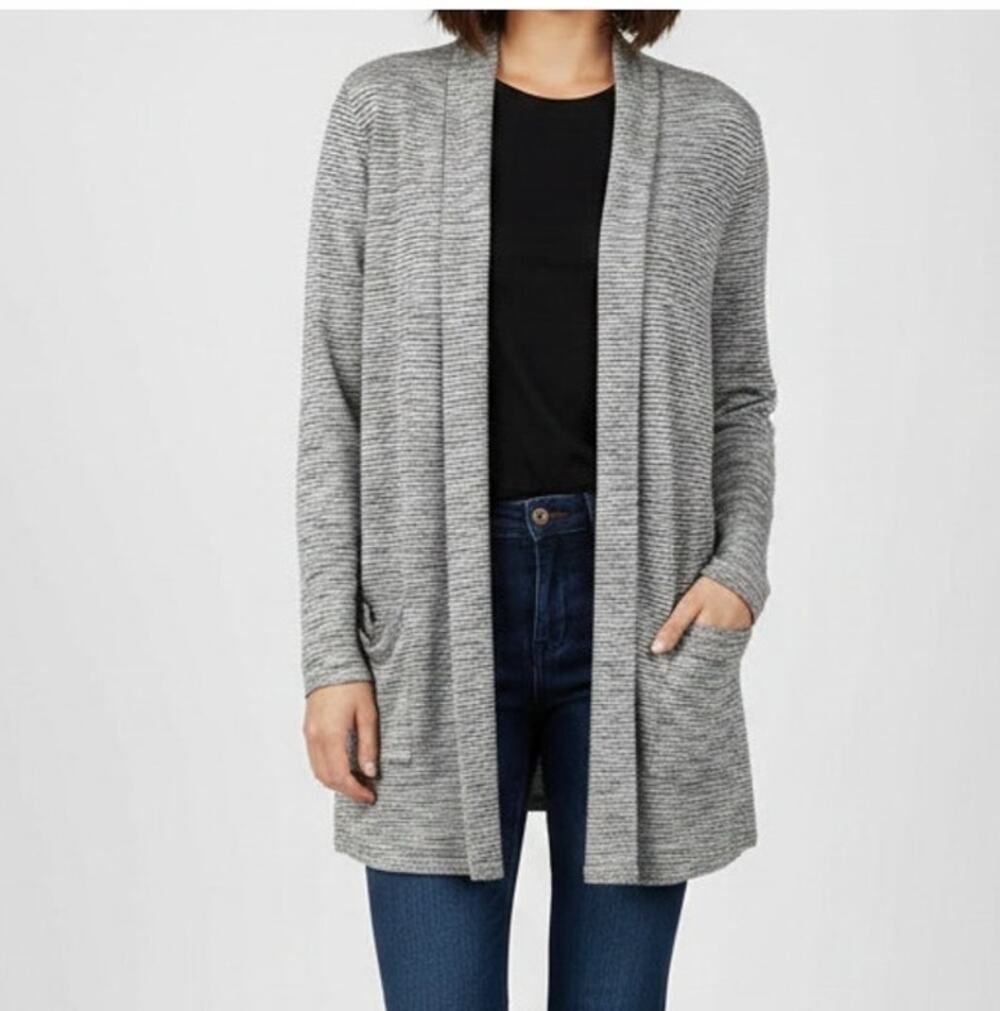Bass Womens Small Cotton Rayon Open Front Cardigan Sweater Black Gray